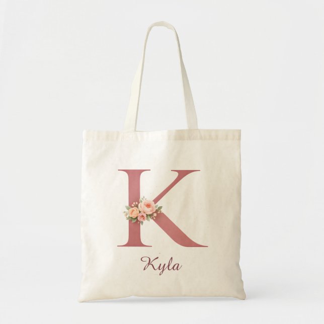Personalized Floral Letter K Monogram Tote Bag (Front)