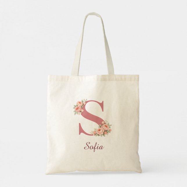 Personalized Floral Letter S Monogram Tote Bag (Back)
