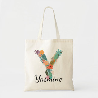 Personalized Floral Letter Y Custom Name Canvas Tote Bag