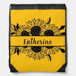 Personalized Floral line drawing sunflowers name  Drawstring Bag