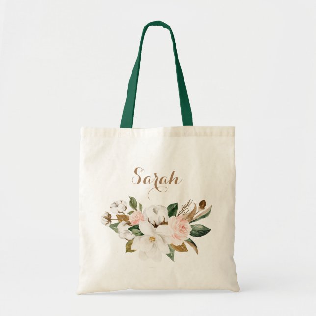 Personalized Floral Magnolia Greenery Tote Bag (Front)