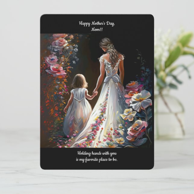 Personalized Floral Mom Daughter Illustration Card (Standing Front)