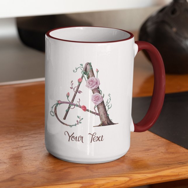 Personalized Floral Monogram A with Roses & Bark Mug (Creator Uploaded)