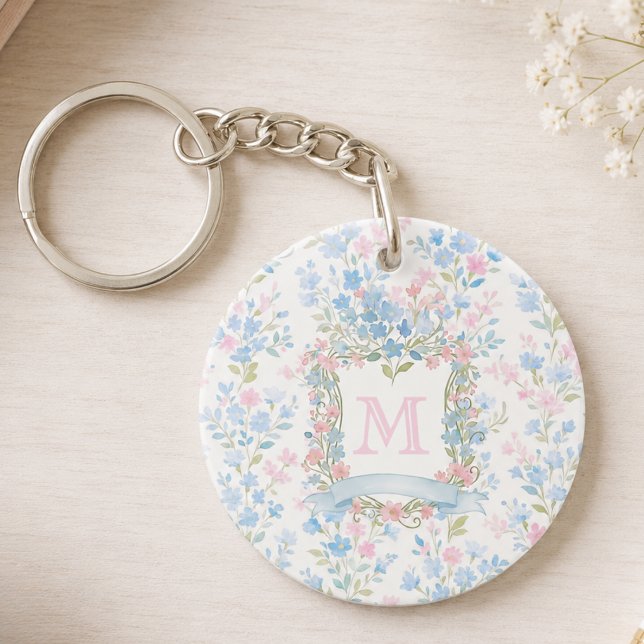 Personalized Floral Monogram Acrylic Keychain (elegant feminine grandmillennial floral keychain with custom family crest monogram)