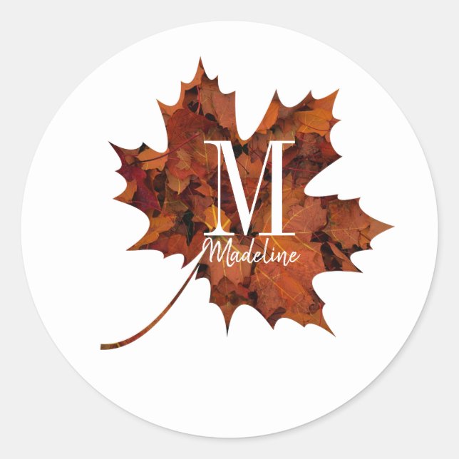 Personalized Floral Monogram Autumn Maple Leaf Classic Round Sticker (Front)