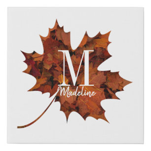 Personalized Floral Monogram Autumn Maple Leaf Faux Canvas Print