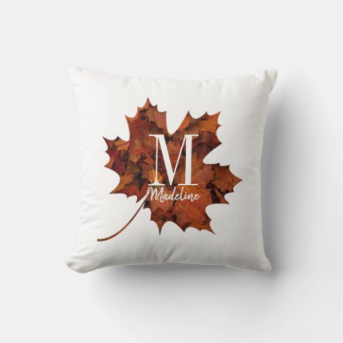 Personalized Floral Monogram Autumn Maple Leaf Throw Pillow