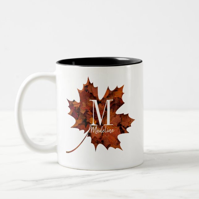 Personalized Floral Monogram Autumn Maple Leaf Two-Tone Coffee Mug (Left)