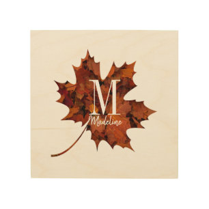 Personalized Floral Monogram Autumn Maple Leaf Wood Wall Art
