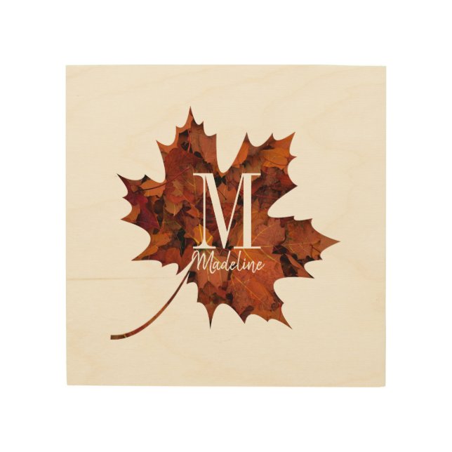 Personalized Floral Monogram Autumn Maple Leaf Wood Wall Art (Front)