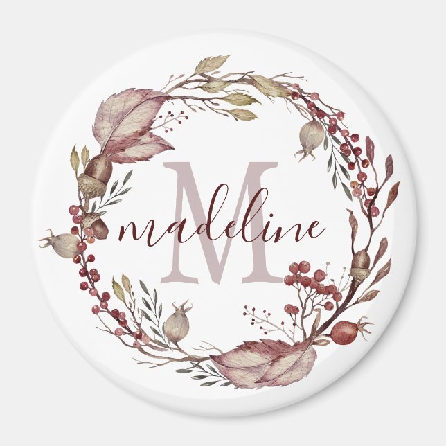 Personalized Floral Monogram Autumn Red Foliage Magnet (Front)