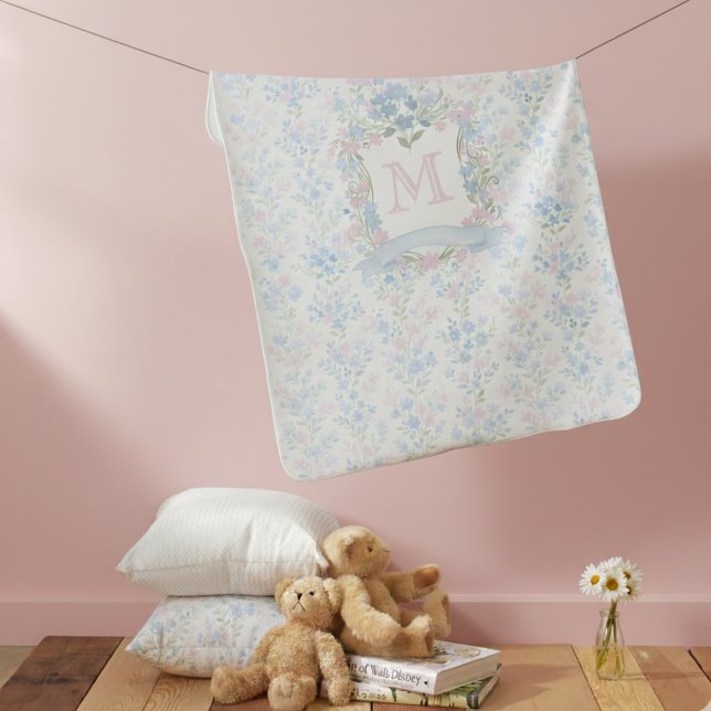 Personalized Floral Monogram Baby Blanket (elegant grandmillennial floral blue pink monogram baby blanket with personalized monogram initial)