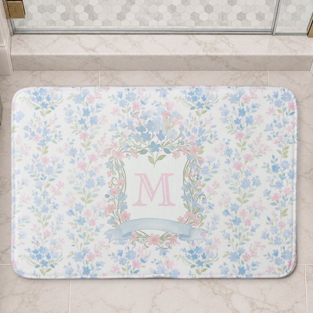 Personalized Floral Monogram Bath Mat (elegant girly grandmillennial pastel pink blue floral bath mat with custom monogram initial crest)