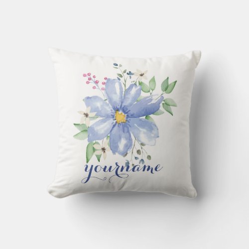 Personalized Floral Monogram Blue Wildflowers Throw Pillow