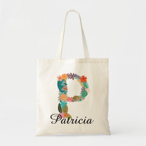 Personalized Floral Monogram Custom Name Botanical Tote Bag