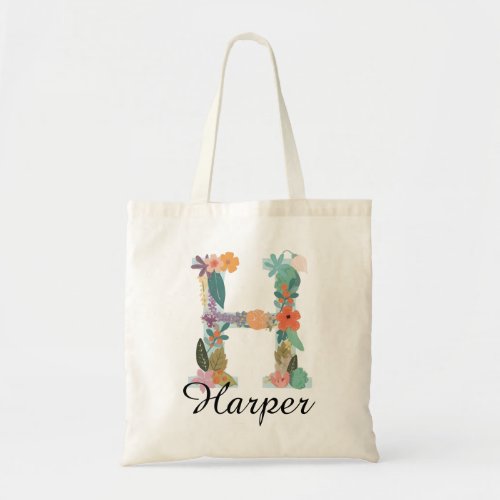 Personalized Floral Monogram Custom Name Botanical Tote Bag