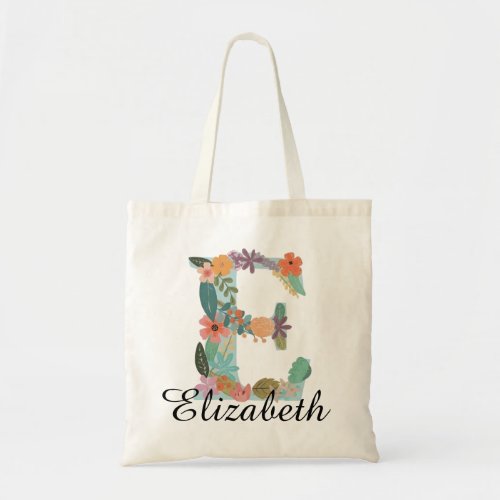 Personalized Floral Monogram Custom Name Botanical Tote Bag