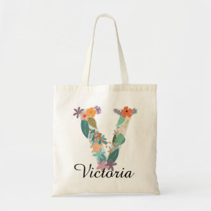 Personalized Floral Monogram Custom Name Letter V Tote Bag