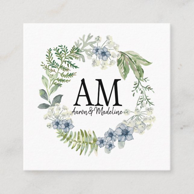 Personalized Floral Monogram Forest Flowers Square Business Card (Front)