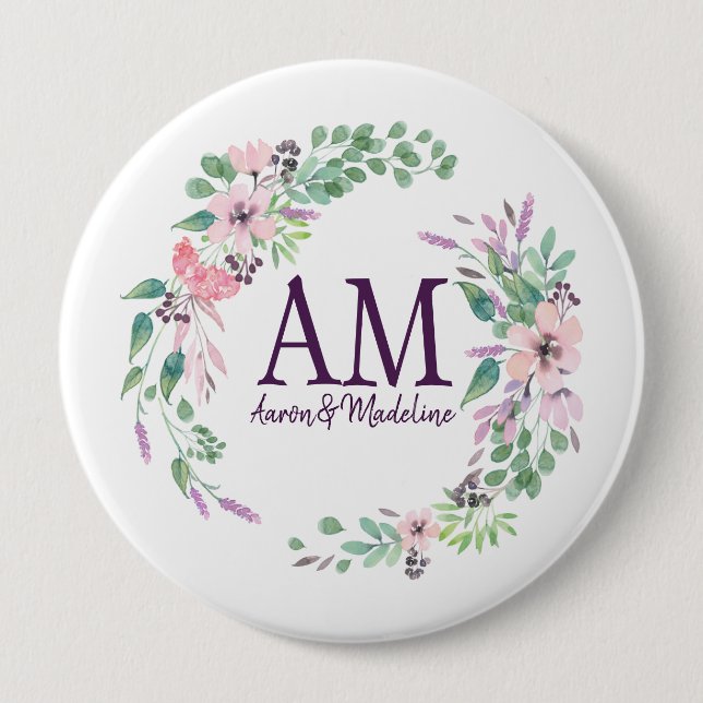 Personalized Floral Monogram Fresh Spring Foliage Button (Front)