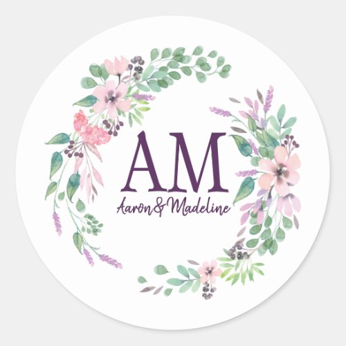 Personalized Floral Monogram Fresh Spring Foliage Classic Round Sticker