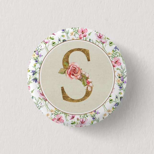 Personalized Floral Monogram, From A to Z  Button (Front)