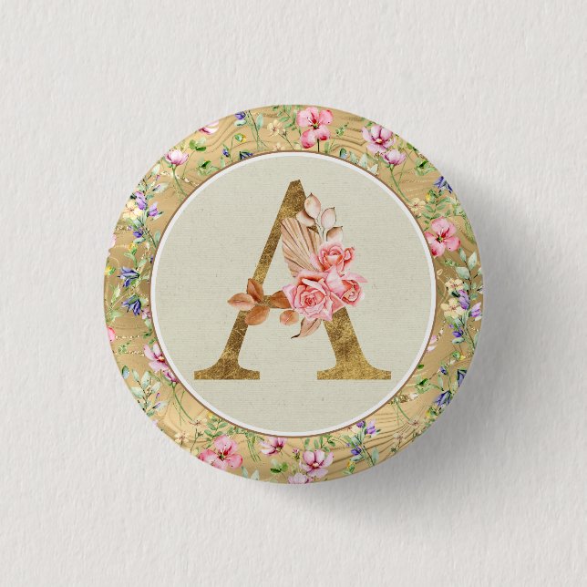Personalized Floral Monogram, From A to Z  Button (Front)