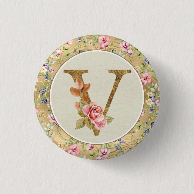 Personalized Floral Monogram, From A to Z  Button (Front)