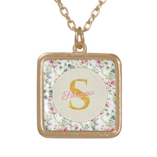 Personalized Floral Monogram, From A to Z  Gold Pl Plated Necklace