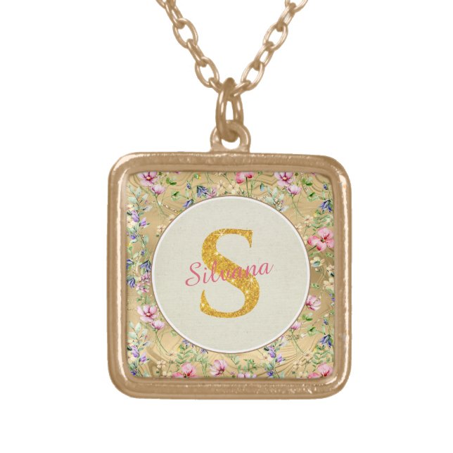 Personalized Floral Monogram, From A to Z  Gold Plated Necklace (Front)