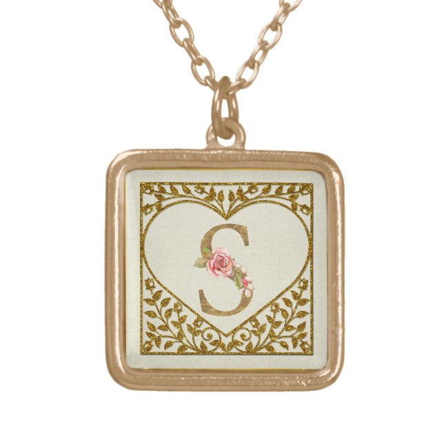 Personalized Floral Monogram, From A to Z  Gold Plated Necklace (Front)