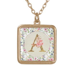 Personalized Floral Monogram, From A to Z  Gold Plated Necklace
