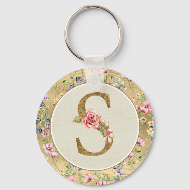 Personalized Floral Monogram, From A to Z  Keychain (Front)