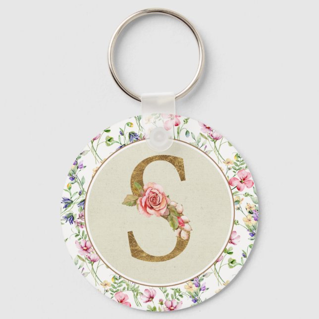 Personalized Floral Monogram, From A to Z  Keychain (Front)