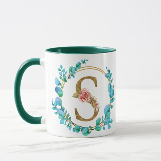 Personalized Floral Monogram, From A to Z Mug (Left)