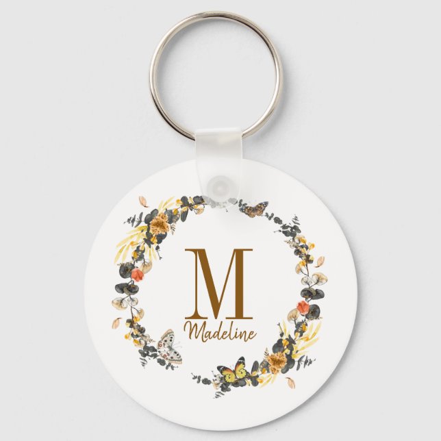 Personalized Floral Monogram Golden Fall Foliage Keychain (Front)