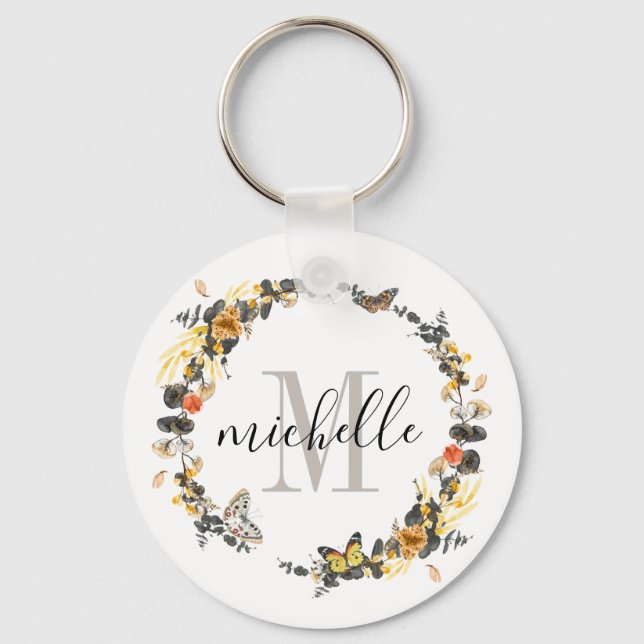 Personalized Floral Monogram Golden Fall Foliage Keychain (Front)