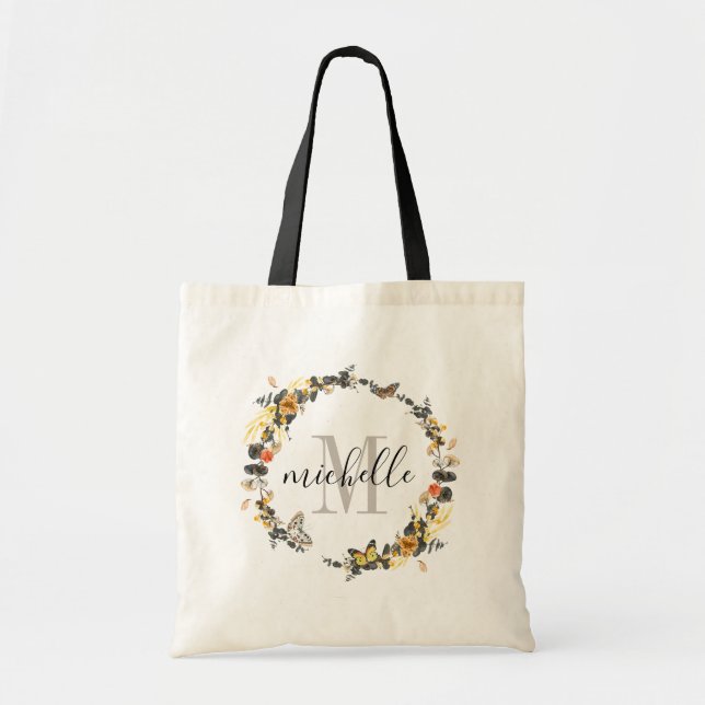 Personalized Floral Monogram Golden Fall Foliage Tote Bag (Front)