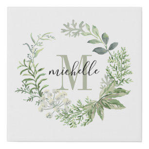 Personalized Floral Monogram Green Forest Leaves Faux Canvas Print