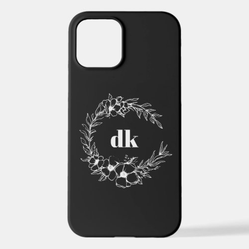 Personalized Floral Monogram Initial Black iPhone 12 Case