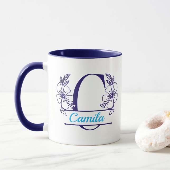 Personalized Floral Monogram Letter C Mug - Custom (With Donut)