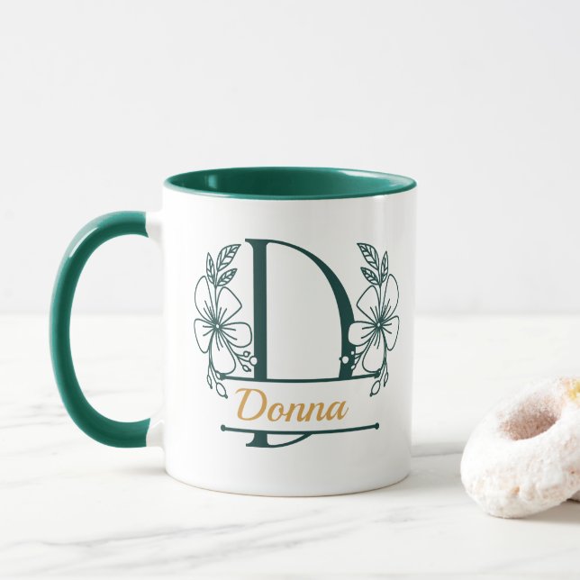 Personalized Floral Monogram Letter D Mug - Custom (With Donut)