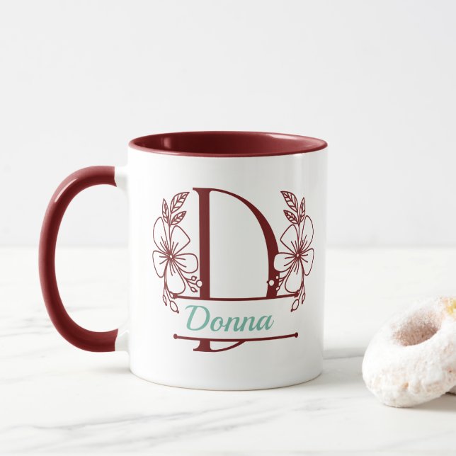 Personalized Floral Monogram Letter D Mug - Custom (With Donut)