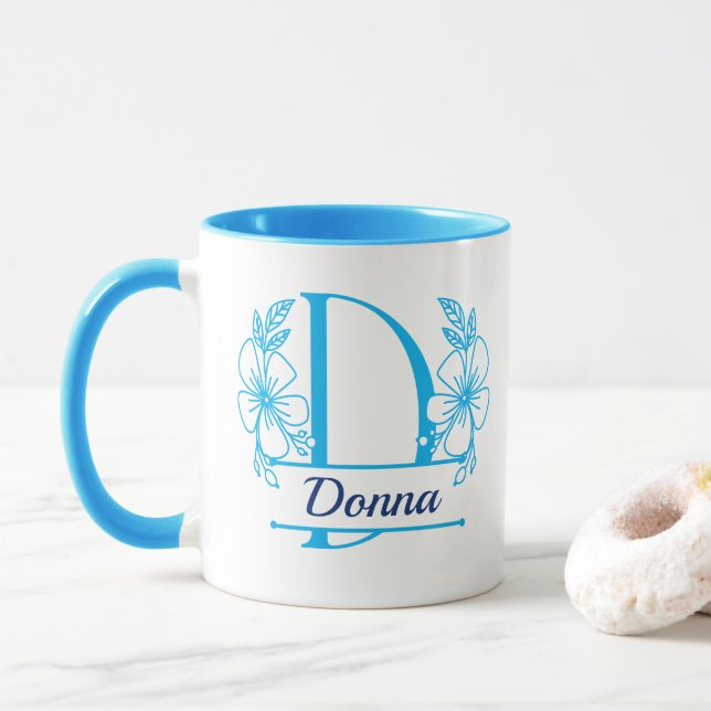 Personalized Floral Monogram Letter D Mug - Custom (With Donut)
