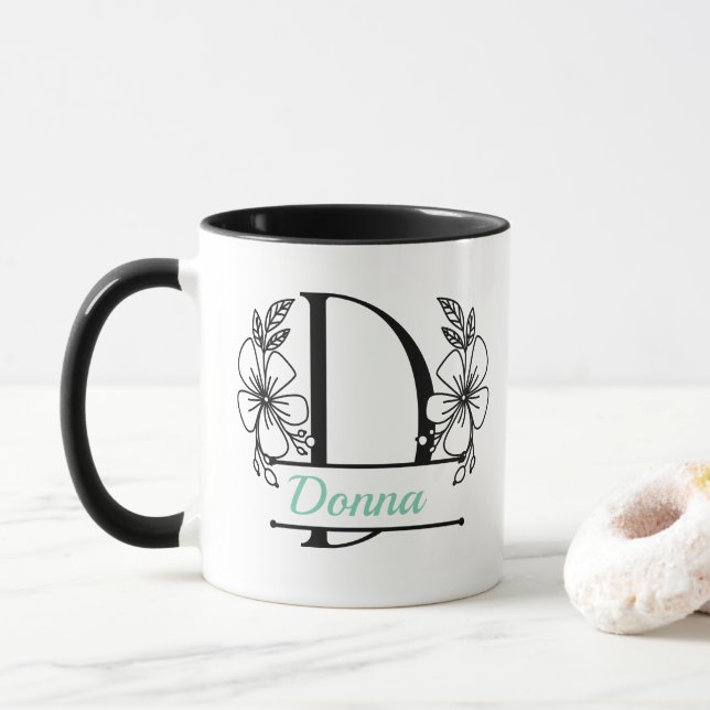 Personalized Floral Monogram Letter D Mug - Custom (With Donut)