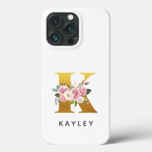 Personalized Floral Monogram Letter K Name iPhone 13 Pro Case