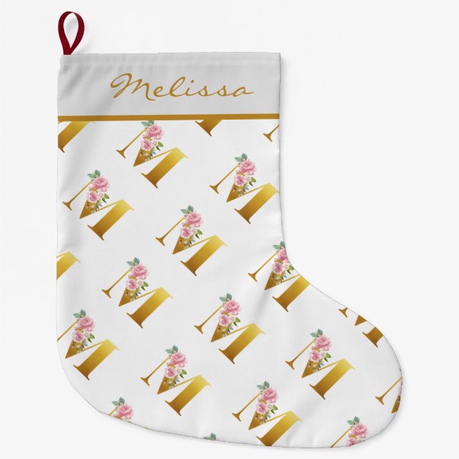 Personalized Floral Monogram Letter M Botanical Large Christmas Stocking (Front)
