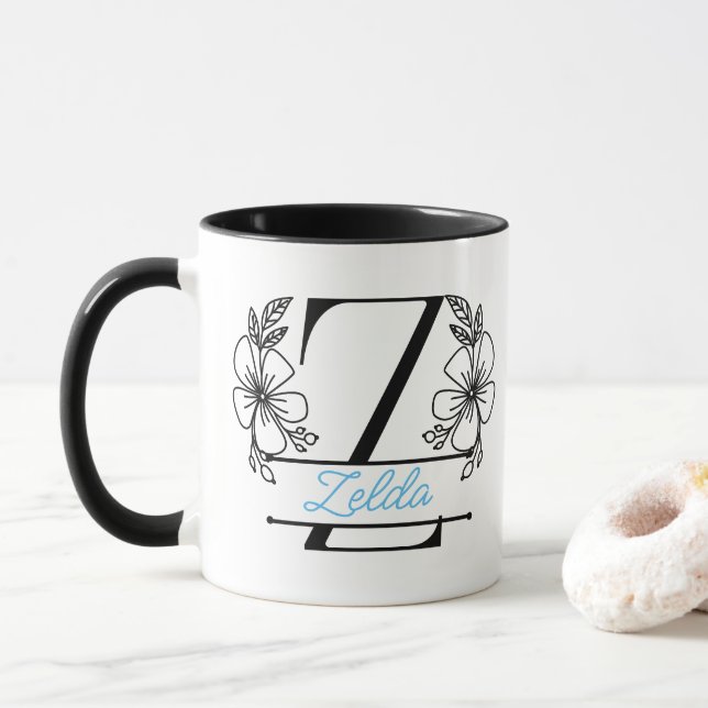 Personalized Floral Monogram Letter Z Mug - Custom (With Donut)