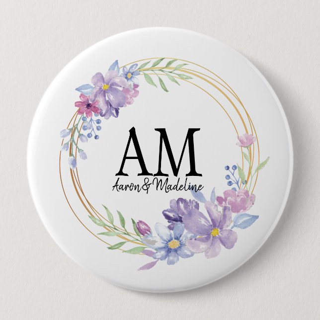 Personalized Floral Monogram Lilac Bouquet Button (Front)