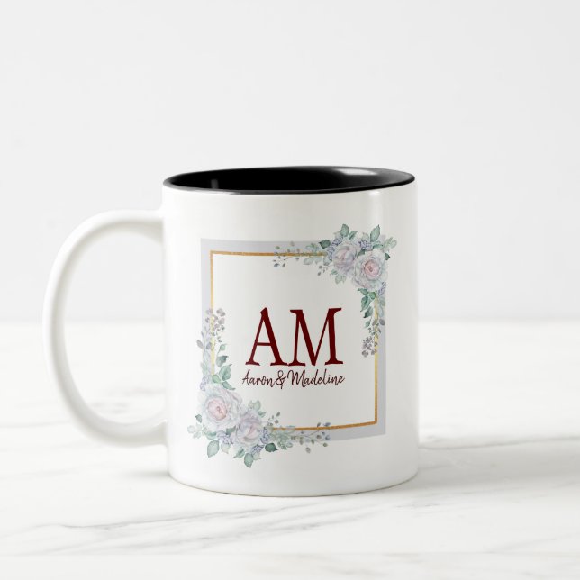 Personalized Floral Monogram Rose Frame Two-Tone Coffee Mug (Left)